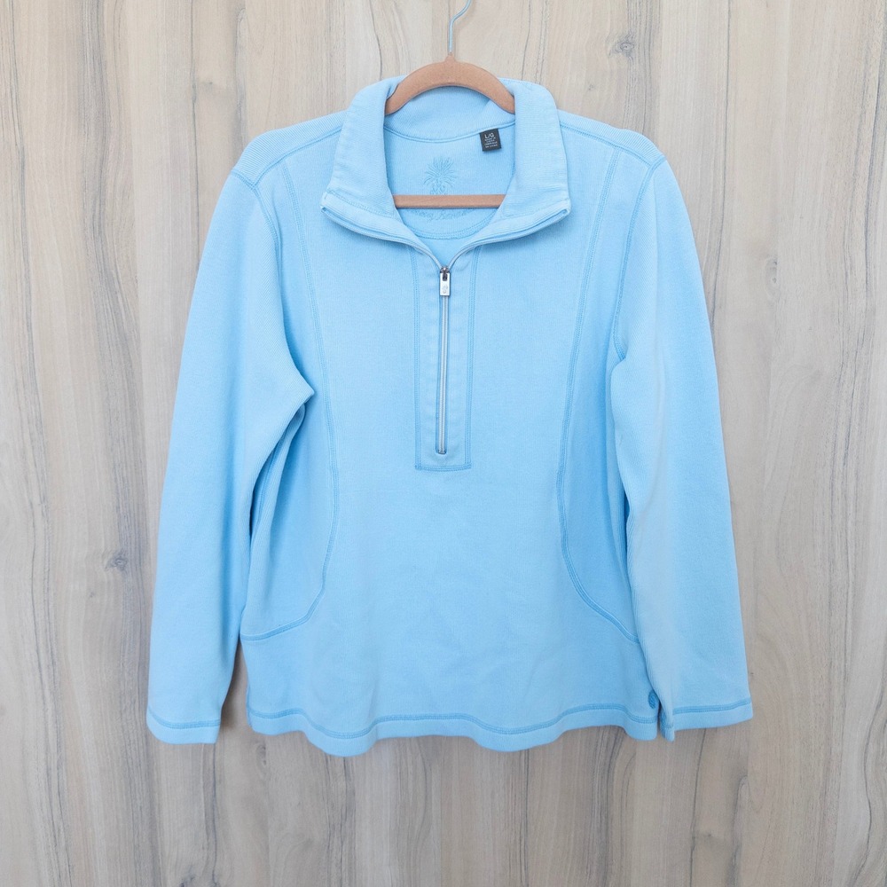 Tommy Bahama Womens Pullover Large Blue Quarter Zip Sweatshirt Coastal Preppy